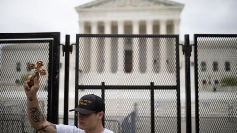 A security fence was erected outside the court after the leak of the draft opinion