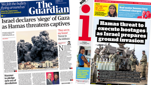 The headline in the Guardian reads 'Israel declares siege of Gaza as Hamas threatens captives' and the headline in the i reads 'Hamas threat to execute hostages as Israel prepares ground invasion'