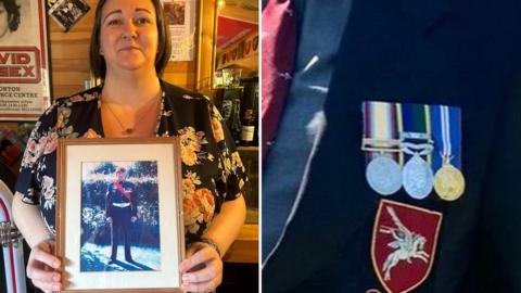 Composite image of Toni Burrows and her father's medals