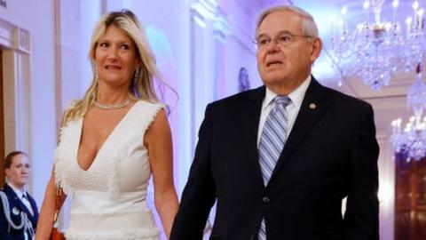 U.S. Senate Foreign Relations Committee Chairman Bob Menendez (D-NJ) and his wife Nadine Arslanian arrive for a reception