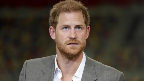 Prince Harry, Duke of Sussex speaks on stage during the press conference at the Invictus Games Dusseldorf 2023 - One Year To Go events, on September 06, 2022 in Dusseldorf, Germany