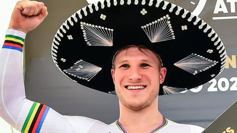 Jeffrey Hoogland celebrates breaking the men's kilo world record in Mexico by wearing a sombrero on the podium