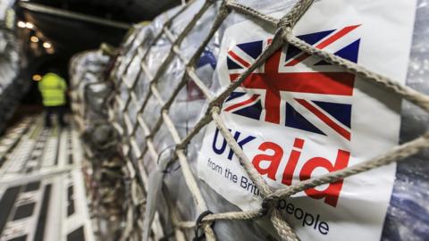 Aid packages being loaded onto an RAF C-17 Aircraft at RAF Brize Norton