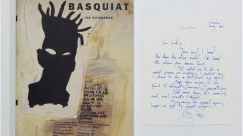 Image of David Bowies letter to Tricky and the from of Jean-Michel Basquiat's book 'notebook'