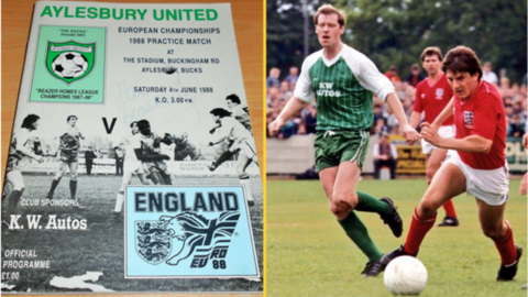 The match programme (left) hen Aylesbury United hosted England and Peter Beardsley (right) in action for the Three Lions at Buckingham Road