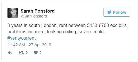 Sarah Ponsford tweets: '3 years in south London, rent between £433-£700 excluding bills, problems including mice, leaking ceiling, severe mold'.