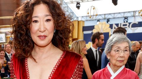 Actor Sandra Oh and her mother Young-nam Oh (right) attend the 70th Annual Primetime Emmy Awards at Microsoft Theater on September 17, 2018 in Los Angeles, California.