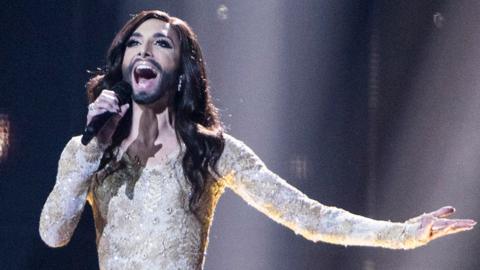 Conchita Wurst representing Austria performs during the Second Semi-Final of the 59th annual Eurovision Song Contest at the BandW Hallerne in Copenhagen, Denmark, 08 May 2014