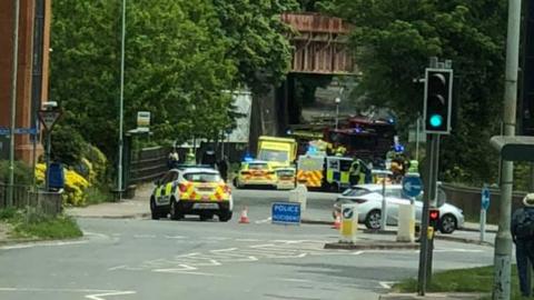 The crash scene after the police car overturned on London Road is St Albans on 12 May