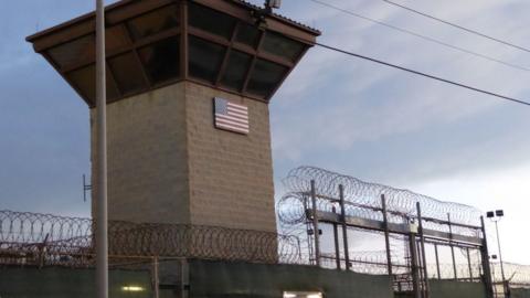 The main gate at the detention facility at the US Guantanamo Naval Base, Cuba (16 October 2018)