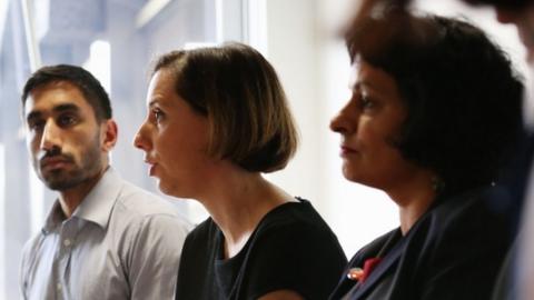 A&E doctor Dr Amar Mashru, GP trainee Dr Francesca Silman and Saimo Chahal QC at a press conference in London after Health Secretary Jeremy Hunt won a High Court a fight with junior doctors over a staffing contract