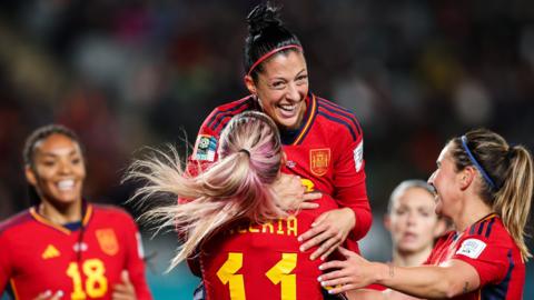 Spain celebrate scoring at the 2023 Women's World Cup