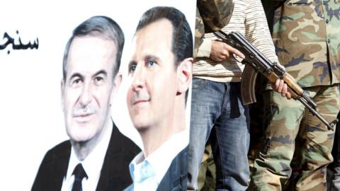 Syrian civilians who volunteered to join local Self Protection Units to protect their neighbourhoods alongside the Syrian army attend training near a picture of Syria"s president Bashar al-Assad and his father Hafez al-Assad, in Damascus countryside