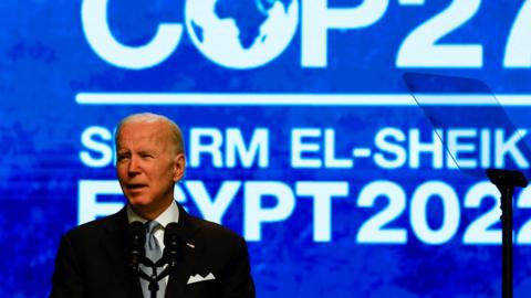 U.S. President Joe Biden delivers a speech at COP27 climate summit, in Sharm el-Sheikh, Egypt, November 11, 2022.