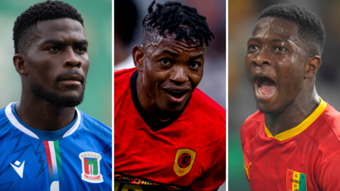 Equatorial Guinea goakeeper Jesus Owono, Angola forward Gelson Dala and Guinea player Aguibou Camara at the Africa Cup of Nations Afcon 2023 football finals