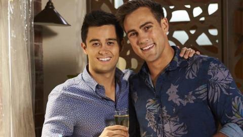 David Tanaka (left), played by Takaya Honda, will marry Aaron Brennan, played by Matt Wilson