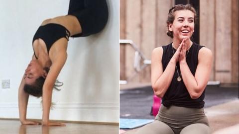 India Hewitt practising (left) and teaching (right) yoga