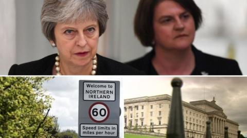 Theresa May, Arlene Foster, Irish border sign and Stormont