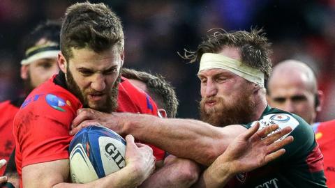 Ulster's Stuart McCloskey battles with Leicester's Brendon O'Connor in the Champions Cup pool game at Kingspan Stadium two years ago