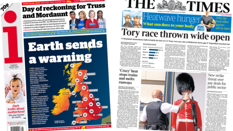 The headline in the i reads, "Earth send a warning", while the headline in the Times reads: "Tory race thrown wide open"