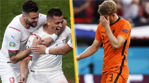 Tomas Holes celebrates while Matthijs de Ligt reacts to being sent off