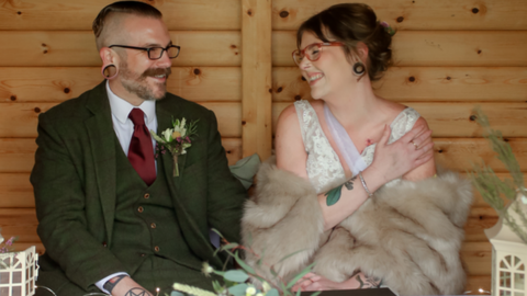 Heather and Richard Odams in the summer house on their wedding day