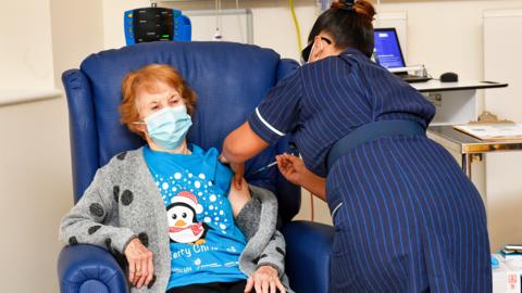 Margaret Keenan, 90, at University Hospital, Coventry - the first UK patient to receive the Pfizer/BioNtech Covid-19 vaccine - December 2020