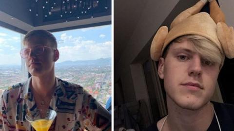 On the left, Jamie poses with a cocktail at a rooftop bar, whereas on the right he's wearing a hat in the shape of a turkey