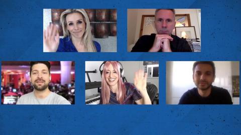 Five people on a video call on a blue background