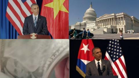 a collection of images showing President Obama in Cuba, in Vietnam, US Congress and a hundred dollar bill