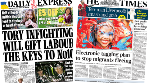 The headline in the Express reads, "Tory infighting will gift Labour the keys to No 10", while the headline in the Times reads, "Electronic tagging plan to stop migrants fleeing"