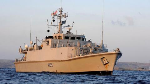 HMS Bangor is pictured in waters near Libya