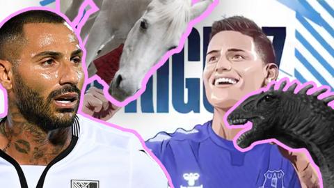 A collage, including Ricardo Quaresma, a white horse, a toy Loch Ness monster and an animation of James Rodriguez