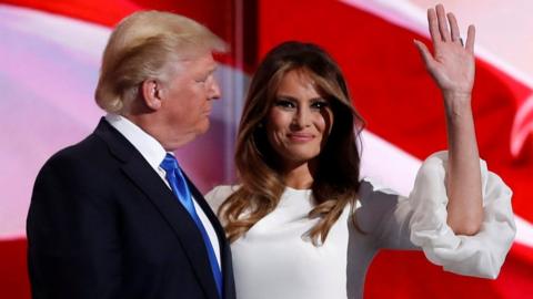 Melania Trump stands with her husband, Republican US presidential candidate Donald Trump, at the Republican National Convention in Cleveland, Ohio, on 18 July, 2016