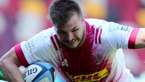 Harlequins centre Andre Esterhuizen was shown his red card against London Irish by referee Matthew Carley in the 48th minute