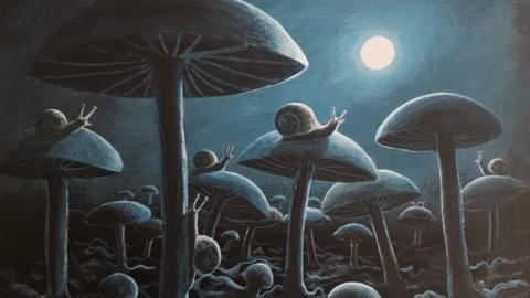 Painting of snails on mushrooms