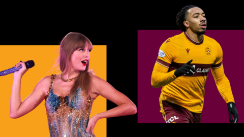 Taylor Swift and Theo Bair in a montage relating to a video by Motherwell football club