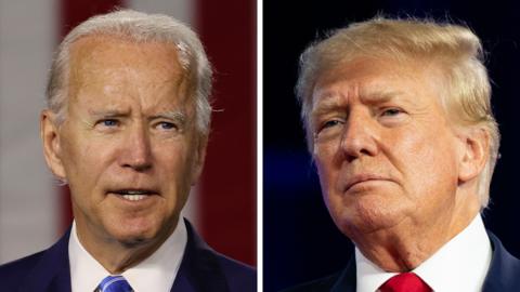 Split composite image of Joe Biden and Donald Trump