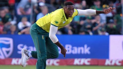 South African cricketer Lungi Ngidi in action