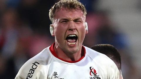 Kieran Treadwell celebrates an Ulster turnover against Edinburgh