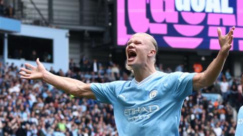 Erling Haaland celebrates after scoring Manchester City's second goal against Nottingham Forest
