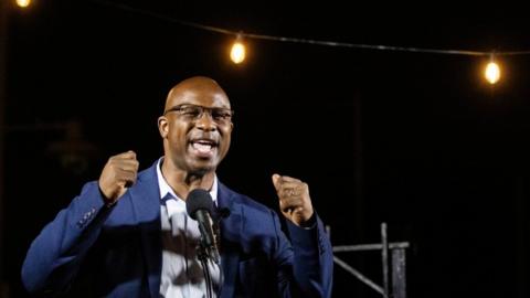 Jamaal Bowman speaks at a watch party as he takes an early lead in the democratic primary for New York"s 16th Congressional District in Yonkers, New York on 23 June