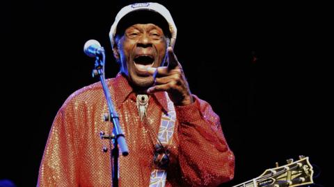 This file photo taken on April 15, 2013 legendary US singer and composer Chuck Berry, one of the pioneers of rock-and-roll, performing during a concert in Montevideo m Uruguay