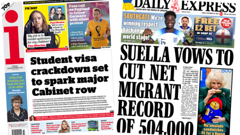 The headline in the i reads, "Student visa crackdown set to spark major Cabinet row", while the headline in the Express reads, "Suella vows to cut net migrant record of 504,000"