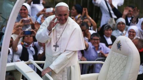 Pope Francis waves to crowds in Lima, Peru. Photo: 18 January 2018