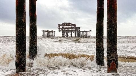 West Pier, Brighton, battered by waves