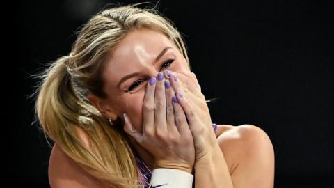 Molly Caudery reacts during the women's pole vault final