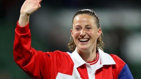 Nicoline Sorensen waves after Denmark's win over Haiti at the Women's World Cup in 2023