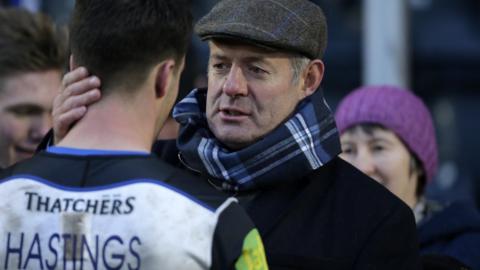 Gavin Hastings with his son Adam after his debut for former club Bath at Worcester