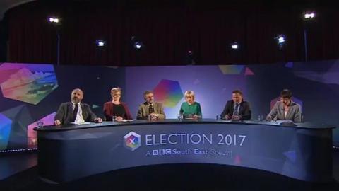 Left to right - Piers Wauchope, UKIP, Kelly-Marie Blundell, Lib Dems, Peter Chowney, Labour, Natalie Graham, BBC presenter, Damian Collins, Conservative, Caroline Lucas, Green Party